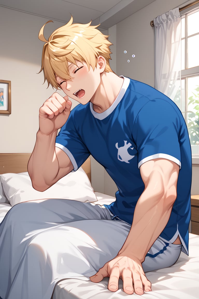 muscle, score_6_up, score_5_up, score_4_up, source_anime, BREAK, hand with five fingers, arthur_pendragon_fate, blonde hair, green eyes, short hair, ahoge, hair between eyes, bangs, two bangs, king arthur, solo, male, family setting, in room, with futon, blanket, pillow, wooden floor, bed, from below, open mouth yawning, muscle, close-up, awesome, High Quality Photo, score_9, score_8_up, score_7_up, male pajamas, split ends, window, light from the window shining in, messy hair, waking up, sitting up, one hand scratching itchy head, Close your eyes and yawn 