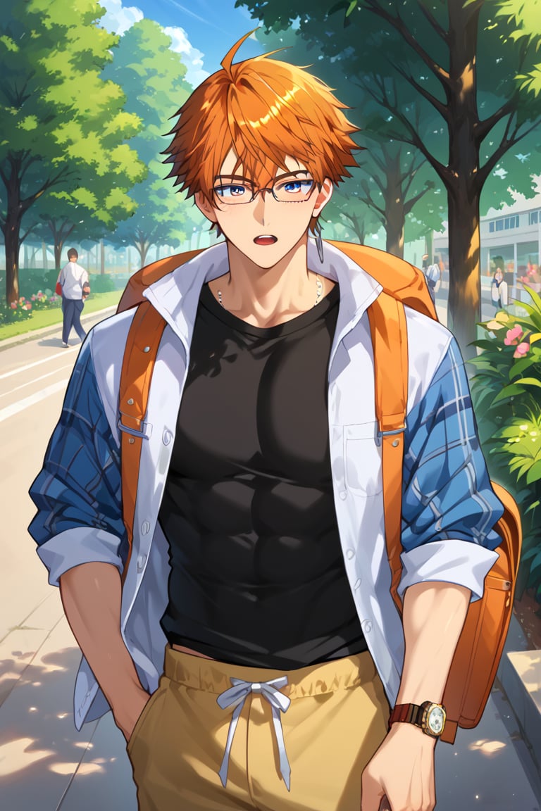 muscle, score_6_up, score_5_up, score_4_up, source_anime, BREAK, hand with five fingers, solo, male, muscle, close-up, awesome, High Quality Photo, score_9, score_8_up, score_7_up, kitami_yusei, orange hair, blue eyes, Expressiveh, college background, outdoors, with trees, university, blooming flowers, public, crowded, (different not the same), standing using a smartphone, T-shirt, Baggy pants, plaid shirt, open shirt, backpack, mouth talking on the phone, wearing glasses, wearing a watch, perfume, Muscle,