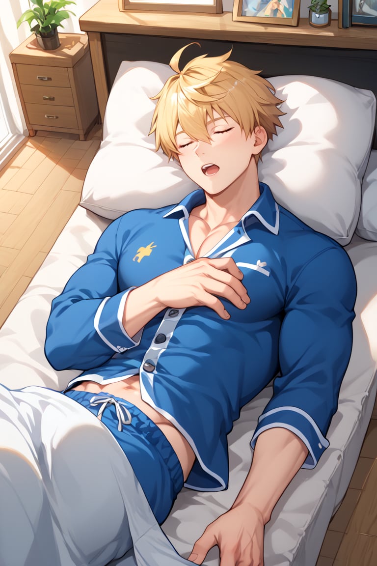 muscle, score_6_up, score_5_up, score_4_up, source_anime, BREAK, hand with five fingers, arthur_pendragon_fate, blonde hair, green eyes, short hair, ahoge, hair between eyes, bangs, two bangs, king arthur, solo, male, home background, in room, with futon, blanket, pillow, wooden floor, top view, snoring, open mouth, muscle, close-up, awesome, High Quality Image, score_9, score_8_up, score_7_up, male pajamas, split hair, bad sleeping posture, rolling around, window, light from the window shining in, eyes closed sleeping, bad sleeping action