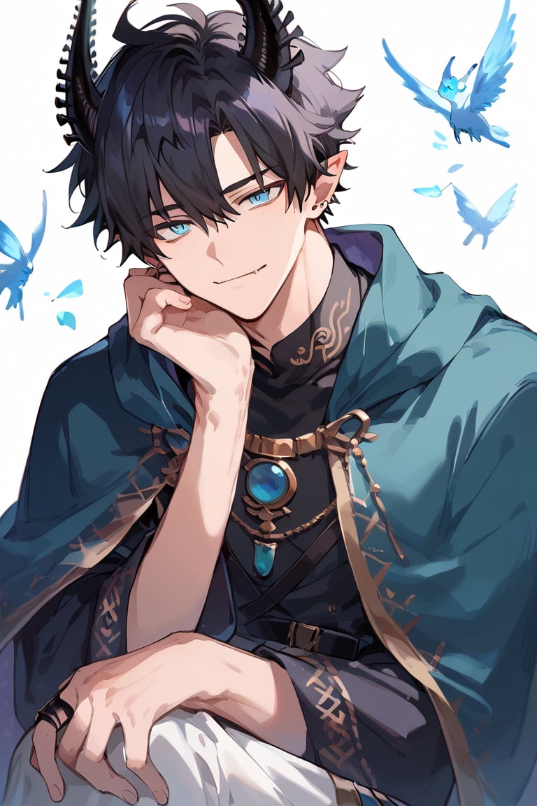 score_9, score_8_up, score_7_up, masterpiece, best quality, 1boy, male focus, ren_zotto, horns, black hair, blue eyes, pointy ears, looking at viewer