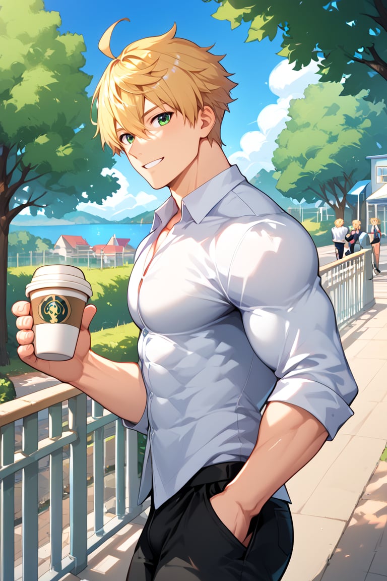 muscle, score_6_up, score_5_up, score_4_up, source_anime, BREAK, hand with five fingers, arthur_pendragon_fate, blonde hair, green eyes, short hair, ahoge, hair between eyes, bangs, two bangs, king arthur, solo, male, muscle, close-up, awesome, High Quality Photo, score_9, score_8_up, score_7_up, split ends, muscle, uncut, background on pedestrian street railing, with trees, deciduous trees, lake, fence, walking action, men's long-sleeved white shirt, men's black pants, many people walking together, different, not the same, one hand in pocket, from bottom to top, one hand holding a cup of coffee, smiling slightly, side view, looking at the viewer, one hand in pocket