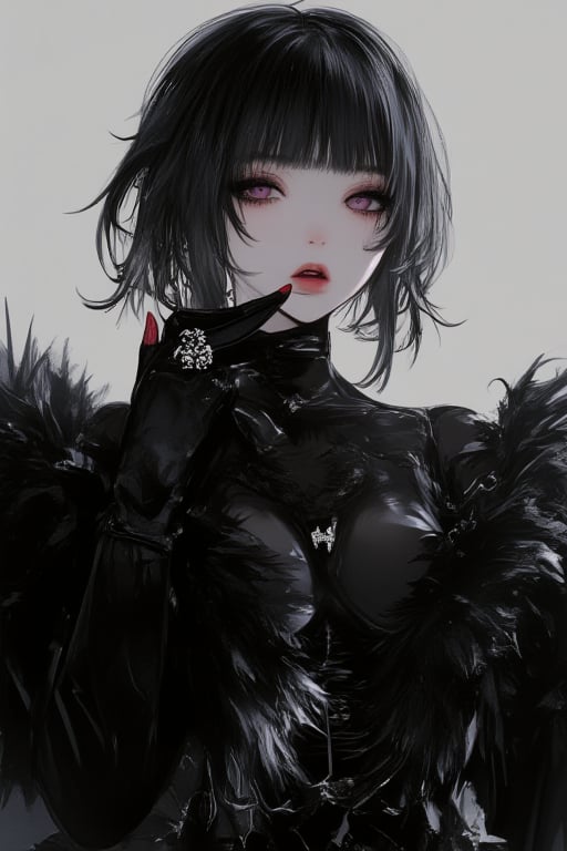 Female,Has a black pixie cut haircut,purple eyes,has a very light skin,thin,slim nose,dark gradiant glossy round lips,v shape jawline,long eyelashes,triangle body shape,dark red almod shape nails
•Clothes:Black satin shirt,leather skirt,ring,black gloves,large black boa fur