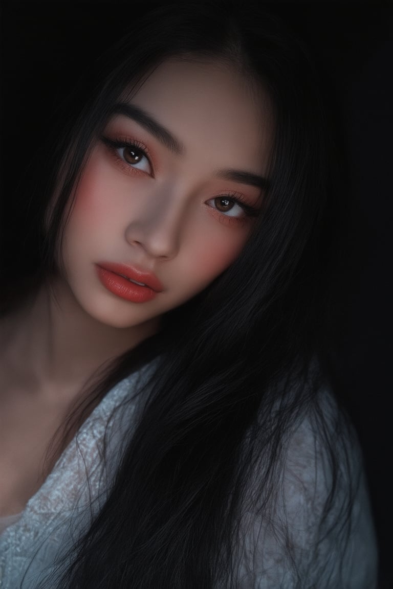 A moody, close-up portrait of a girl with radiant skin and luscious black hair dominates a dark, dimly lit room's backdrop. Her silky tresses wrap around her eyes, shining like celestial bodies in the subtle, rim-lit illumination. The atmosphere is cozy and mysterious, as if we're privy to a whispered secret on a sultry night within a softly lit interior.