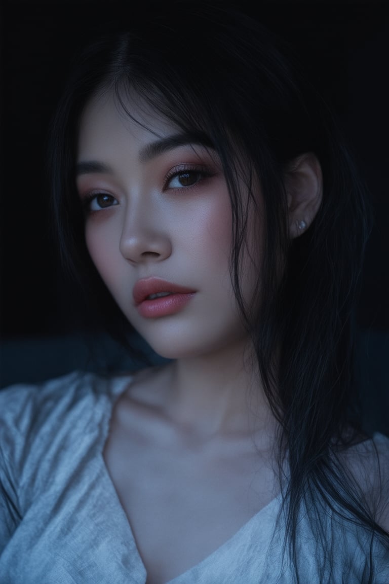 A moody, close-up portrait of a girl with radiant skin and luscious black hair dominates a dark, dimly lit room's backdrop. Her silky tresses wrap around her eyes, shining like celestial bodies in the subtle, rim-lit illumination. The atmosphere is cozy and mysterious, as if we're privy to a whispered secret on a sultry night within a softly lit interior.