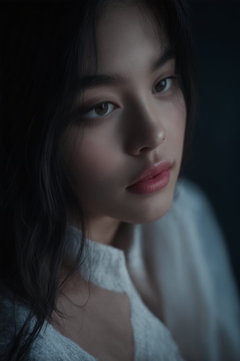 A moody, close-up portrait of a girl with radiant skin and luscious black hair dominates a dark, dimly lit room's backdrop. Her silky tresses wrap around her eyes, shining like celestial bodies in the subtle, rim-lit illumination. The atmosphere is cozy and mysterious, as if we're privy to a whispered secret on a sultry night within a softly lit interior.