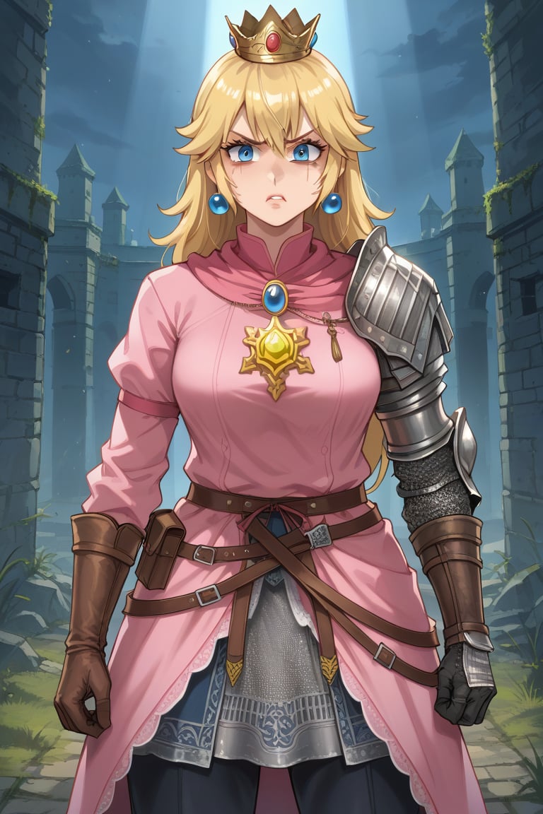 princess peach muscular eye scar angry face half semi battle outfit,low clothes, dark souls,sexy,peach crown