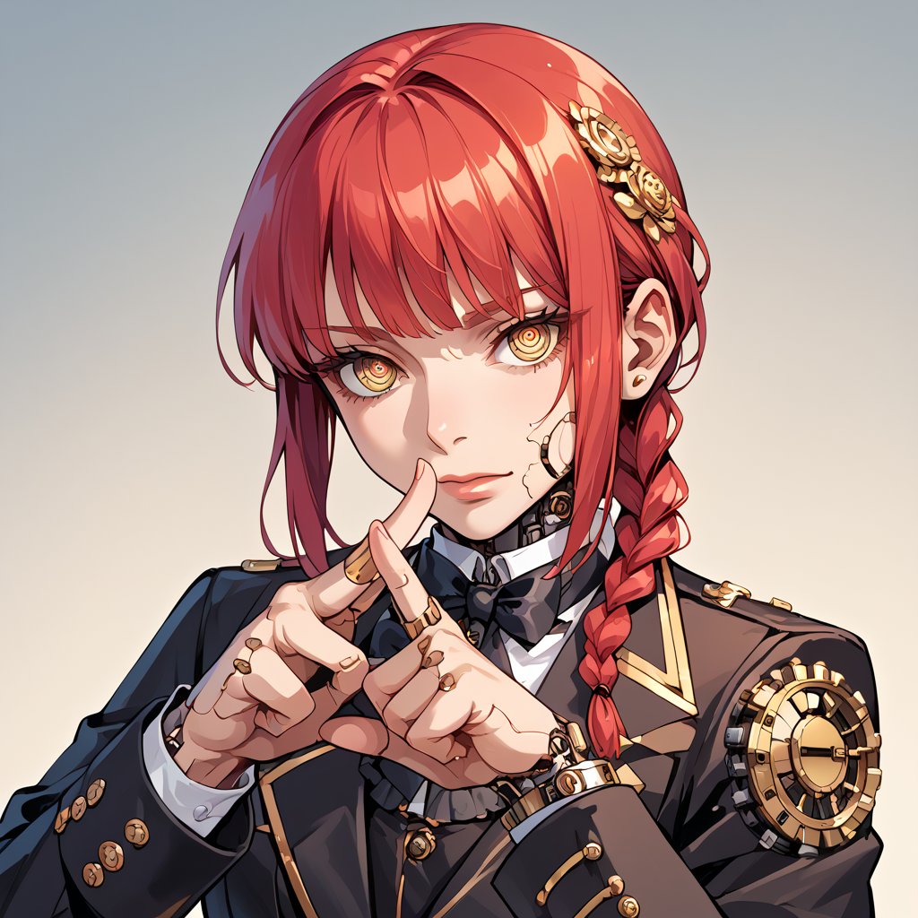 makima, braided ponytail, ringed eyes,formal, (), steampunk,,score_9,score_8_up,score_7_up,score_6_up,score_5_up,score_4_up,source_anime,BREAK,androidcyborg, solo girl,,arm0rpunkv4, silence gesture, finger, steampunk city background