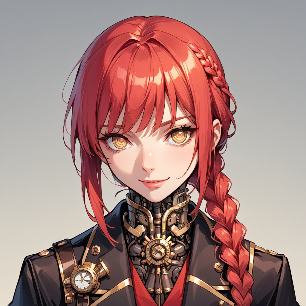 makima, braided ponytail, ringed eyes,formal, (), steampunk,,score_9,score_8_up,score_7_up,score_6_up,score_5_up,score_4_up,source_anime,BREAK,androidcyborg, solo girl,,arm0rpunkv4,god of steampunk engines on background,minimal smile