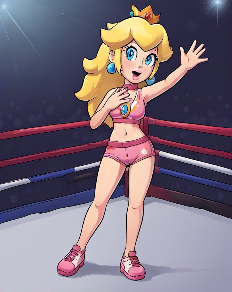 best quality, 1girl, blonde hair, princess peach Has entered the wrestling ring and she is wearing a sexy mix of pink and purple wrestling outfit, waving to the crowd.