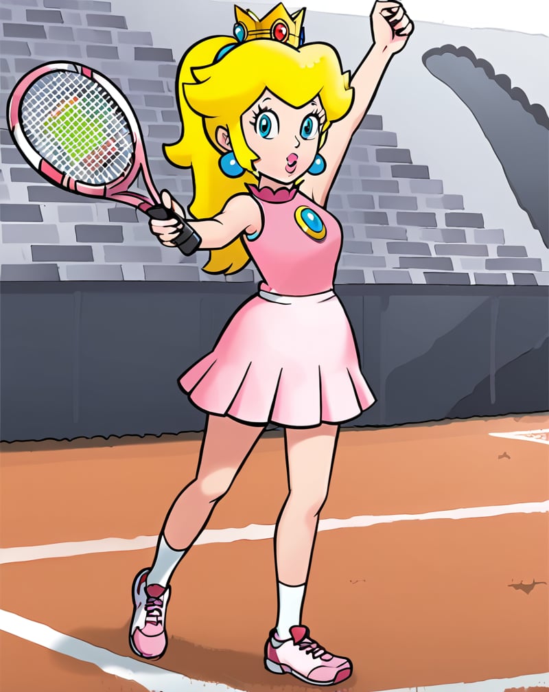 (Source cartoon), princess peach is playing a game tennis, holding a tennis racket, wearing a sexy pink shirt and a white skirt with pink stripes shoes, cheering crowds in background.