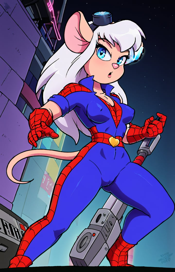 Retro 90's cartoon-inspired scene: Solo, the furry mouse girl with long white hair and piercing blue eyes, strikes a powerful fighting pose amidst a city street backdrop at dusk. Wearing a bold red and blue spider man style ninja outfit adorned with a yellow badge featuring the letters 'EM' on her left chest, she stands tall in her night blue trousers. In one hand, she grasps a sleek ninja sword, while the other cradles a boombox blasting Nsync's iconic tunes. The neon-lit cityscape serves as a vibrant canvas for this dynamic heroine.