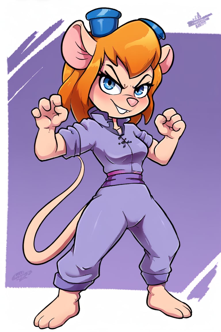 Furry, girl, Gadget Hackwrench, rodent,  Gadwren kung fu pose, wearing a kung fu outfit.