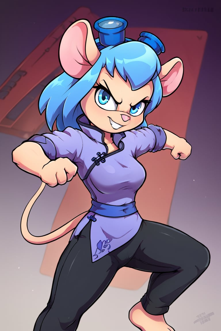 Solo, Furry female, mouse, Gadget Hackwrench beams at the camera, chinese clothes, light blue tangzhuang, black pants, epic kung fu pose,