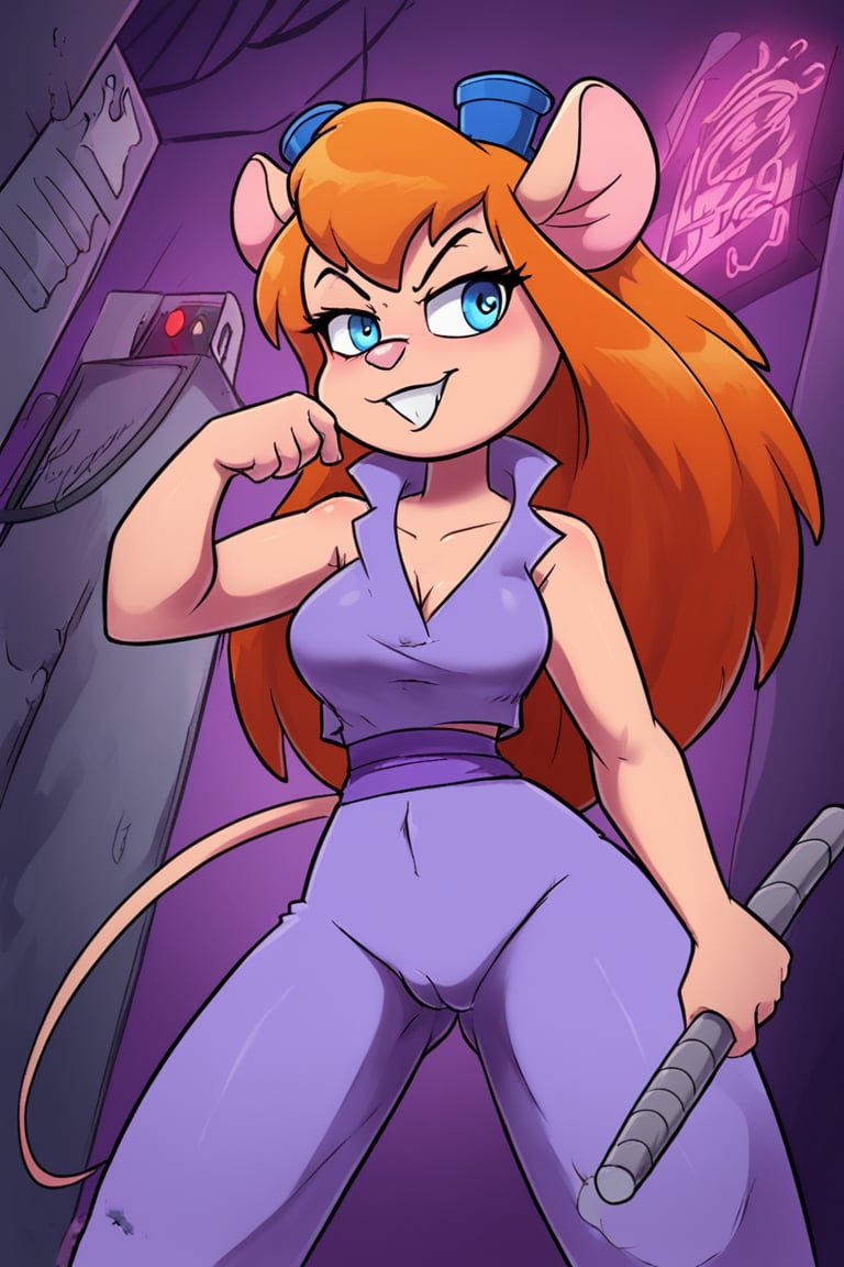 Furry, mouse, solo, A retro cartoon-inspired illustration of Gadget Hackwrench standing solo against a nighttime city street backdrop, bathed in deep blues and purples. She assumes a powerful kung fu pose, exuding determination in her striking red Sleeveless Martial Arts Kung Fu Taichi Uniform Suit with Wushu Nanquan Clothes Outfit. Her dark blue trousers provide a sleek contrast to the bold uniform. The city's neon lights reflect off the wet pavement, casting long shadows as Gadget readies herself to take down villains and save her friends.