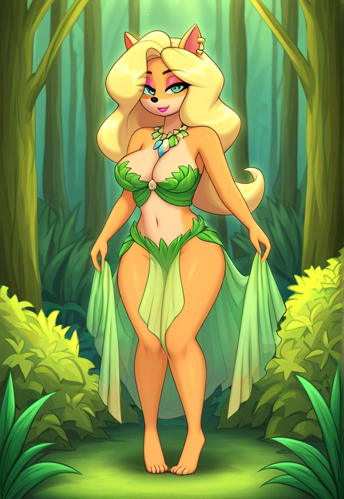 Tawna Bandicoot stands alone in a serene forest, her figure partially shrouded by a dainty fig leaf. Her natural pose showcases her curves beneath the verdant foliage. Soft light dances across her skin, highlighting its gentle contours. The lush greenery surrounds her, its textures playing off against her smooth complexion.