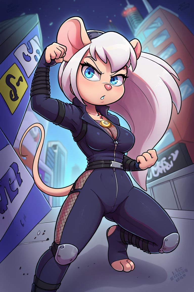 Solo, Furry, girl, mice, Long white hair, blue eyes, fighting pose. wearing a red and black ninja outfit, Outfit, With the words saying EM on her yellow badge on her left chest. Night blue trousers. City street background. She likes Listen to the music of a Nsync, Holding a ninja sword on her right hand.