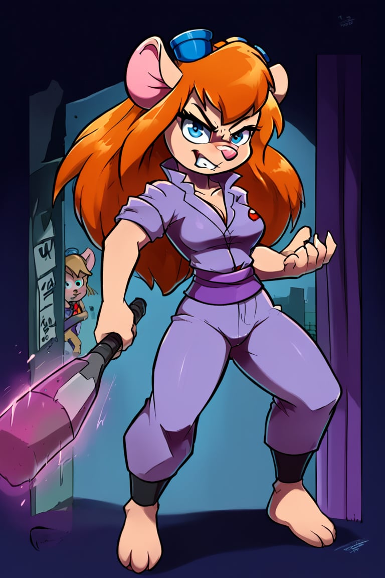 Gadget Hackwrench, a fierce and formidable mouse, stands victorious in a gritty cityscape, bathed in cinematic lighting that highlights the radiant Sleeveless Martial Arts Kung Fu Taichi Uniform Suit Wushu Nanquan Clothes Outfit. Her heroic silhouette is framed against the urban backdrop as she assumes a powerful stance, her determined gaze piercing through the shadows. Coiled muscles ripple beneath her uniform, betraying an eagerness to unleash a maelstrom of spinning kicks and swift punches upon an unseen foe, as the air crackles with electric tension.