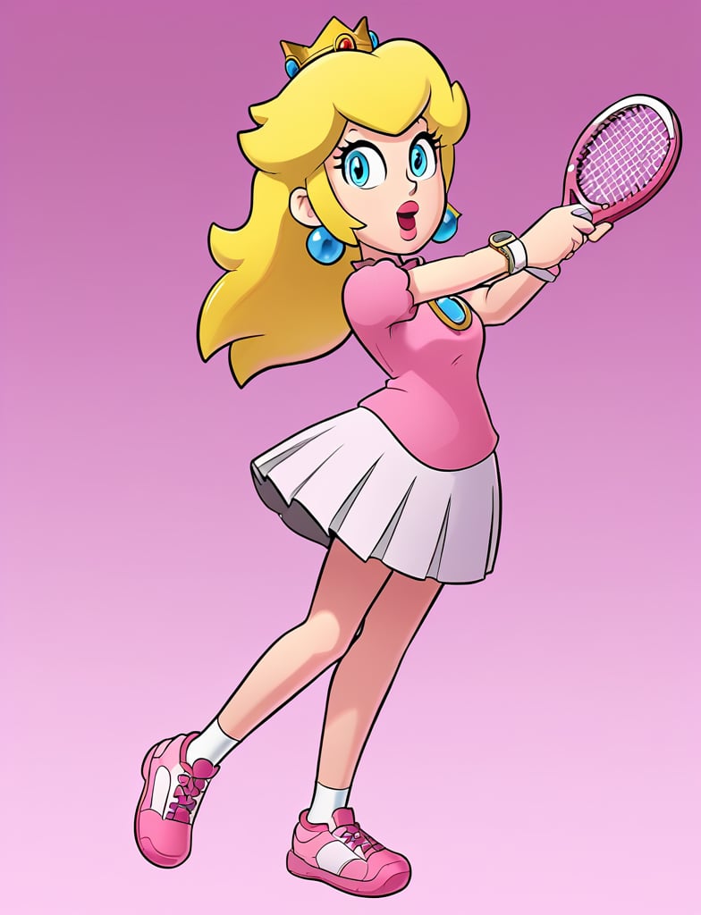 Princess Peach stands confidently at the net, tennis racket held aloft as she prepares to volley. Her bright pink shirt hugs her curves, paired with a flowing white skirt featuring bold pink stripes that match her energetic mood. Pink sneakers gleam on her feet. In the background, a sea of cheering crowds stretches out in a blur of colors and faces, their excitement palpable as they watch the royal gamer take to the court. blonde hair, earrings.