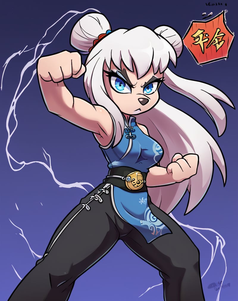 A solo, furry, girl with long white hair and piercing blue eyes beams directly at the camera. chinese clothes, A mix yellow and blue tangzhuang, black pants, epic kung fu pose, night sky in background.