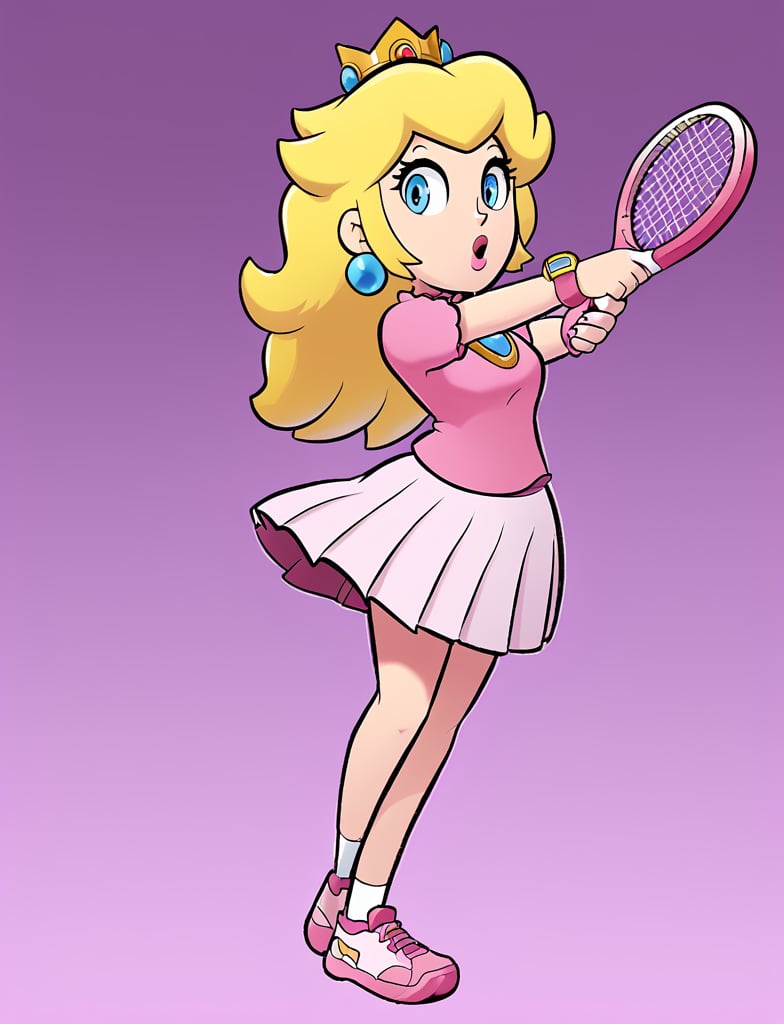 Confident Princess Peach stands at the net, tennis racket held high, ready to volley with finesse. Her bright pink shirt accentuates her curves, paired with a flowing white skirt featuring bold pink stripes that mirror her energetic mood. Pink sneakers shine on her feet as she faces off against her opponent. In the background, a sea of cheering crowds stretches out in a blur of colors and faces, their collective excitement palpable as they watch the royal gamer take to the court. Blonde hair cascades down her back, and delicate earrings glimmer, adding a touch of elegance to her athletic pose.