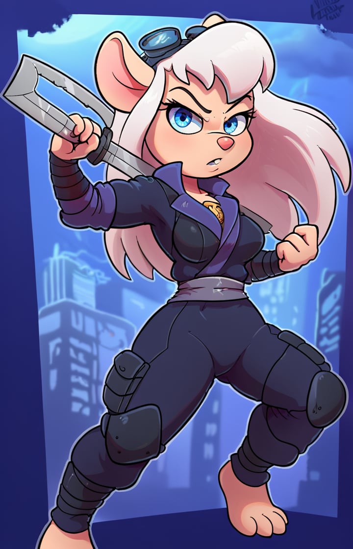 Disney 2D style Solo, Furry, girl, mice, Long white hair, blue eyes, fighting pose. wearing a red and black ninja outfit, Outfit, With the words saying EM on her yellow badge on her left chest. Night blue trousers. City street background. She likes Listen to the music of a Nsync, Holding a ninja sword on her right hand.