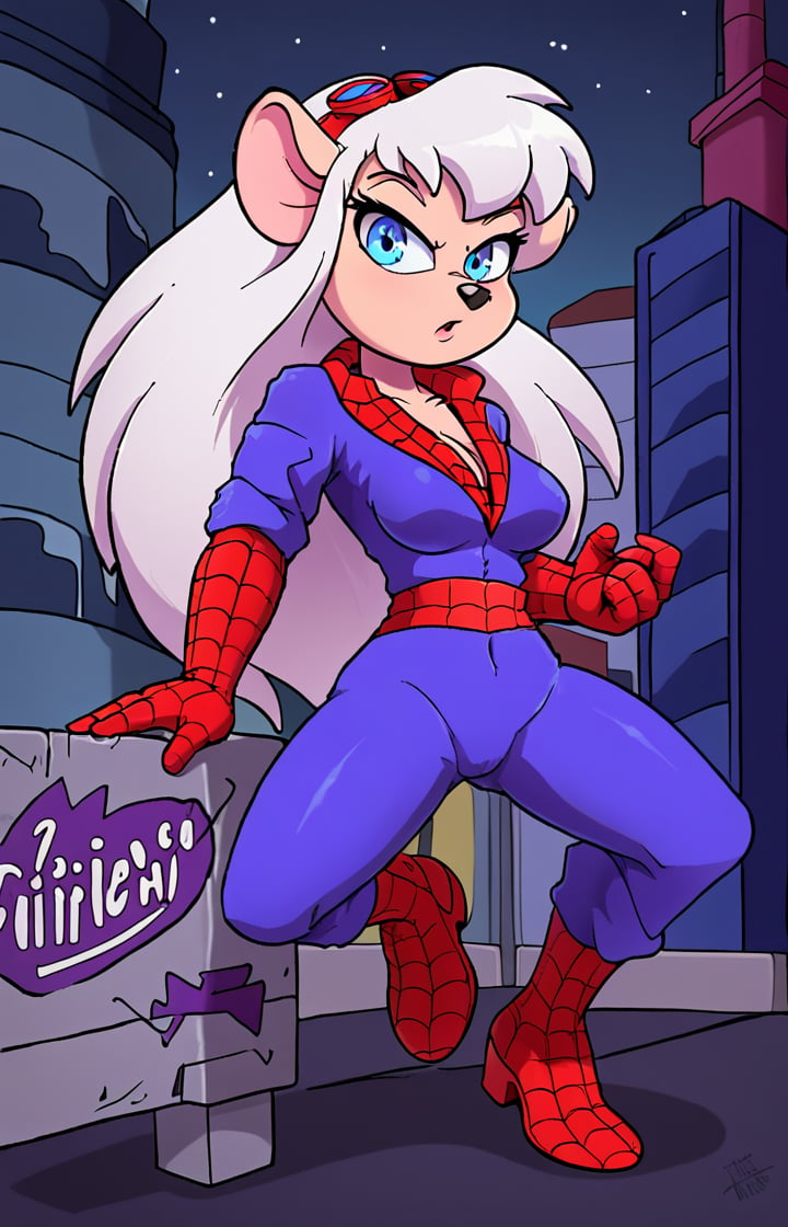 Retro 90's cartoon, Solo, Furry, girl, mice, Long white hair, blue eyes, fighting pose. wearing a red and blue spider man style ninja outfit, Outfit, With the words saying EM on her yellow badge on her left chest. Night blue trousers. City street background. She likes Listen to the music of a Nsync, Holding a ninja sword on her right hand.