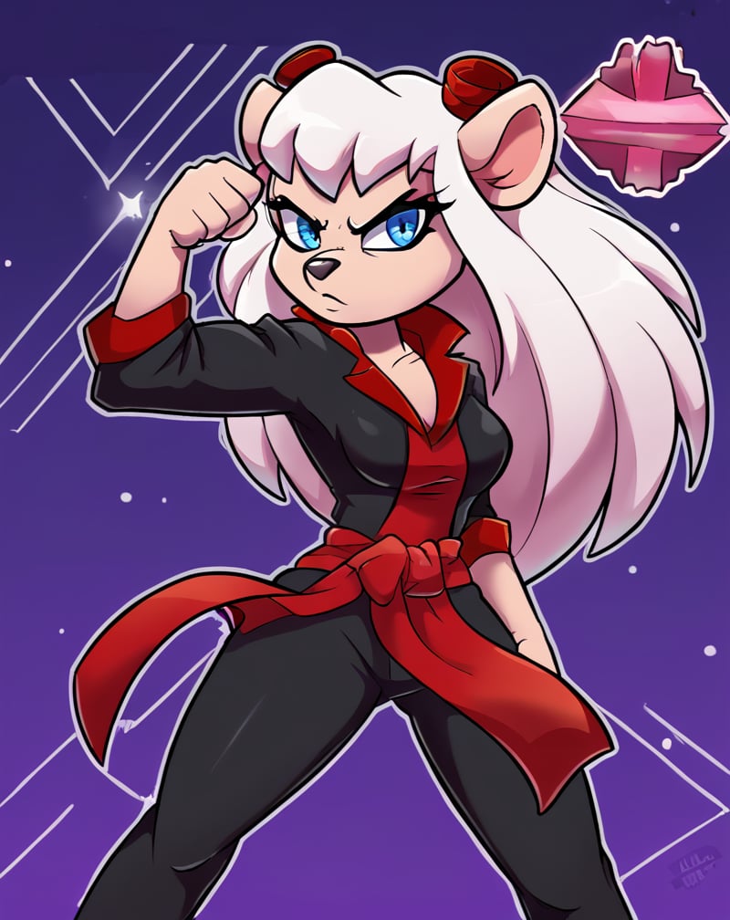 A solo figure of a furry girl with long white hair and piercing blue eyes beams directly at the camera. She wears a dark red tangzhuang over black pants, striking an epic kung fu pose that exudes confidence. The night sky serves as a majestic backdrop, with stars twinkling like diamonds against the inky blackness.