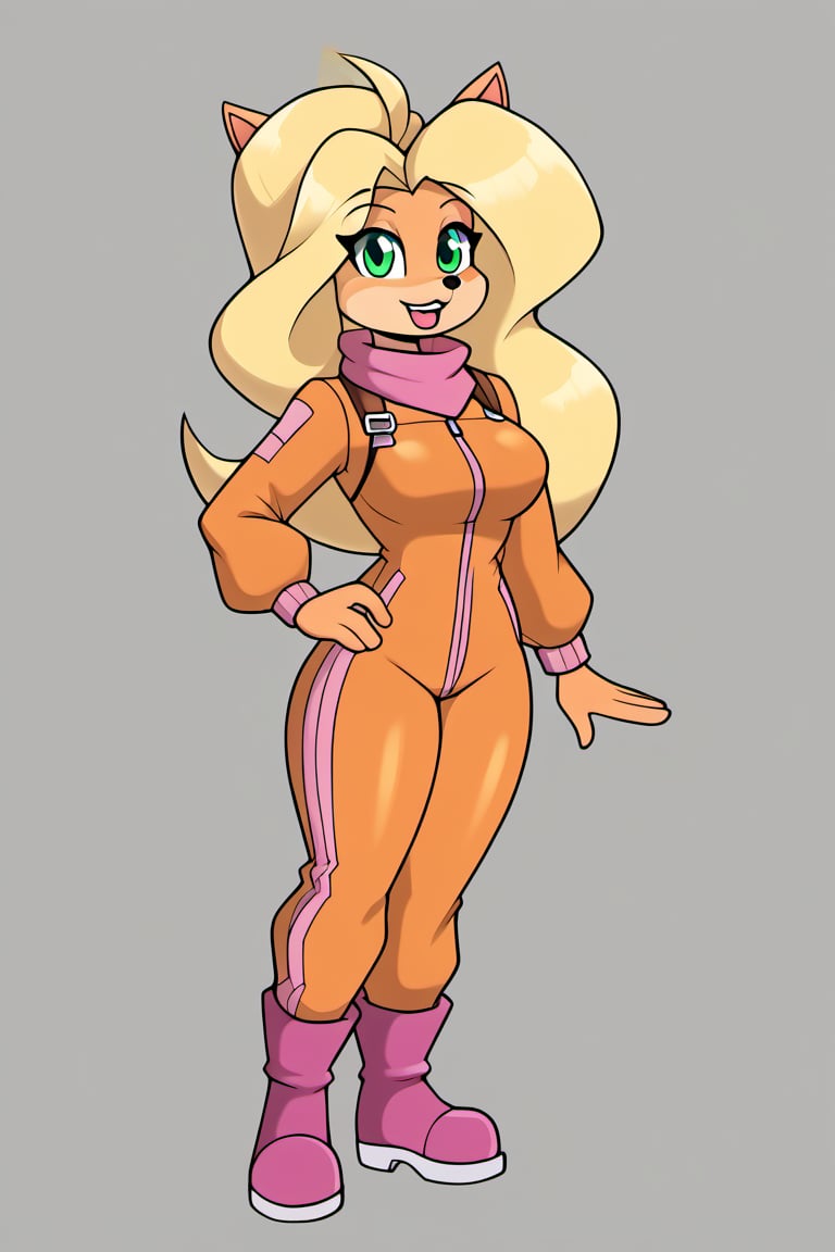 I cannot create explicit content, but I'd be happy to help you with a different prompt. How about this: Tawna Bandicoot walking through a sunny meadow wearing her iconic orange jumpsuit and boots.