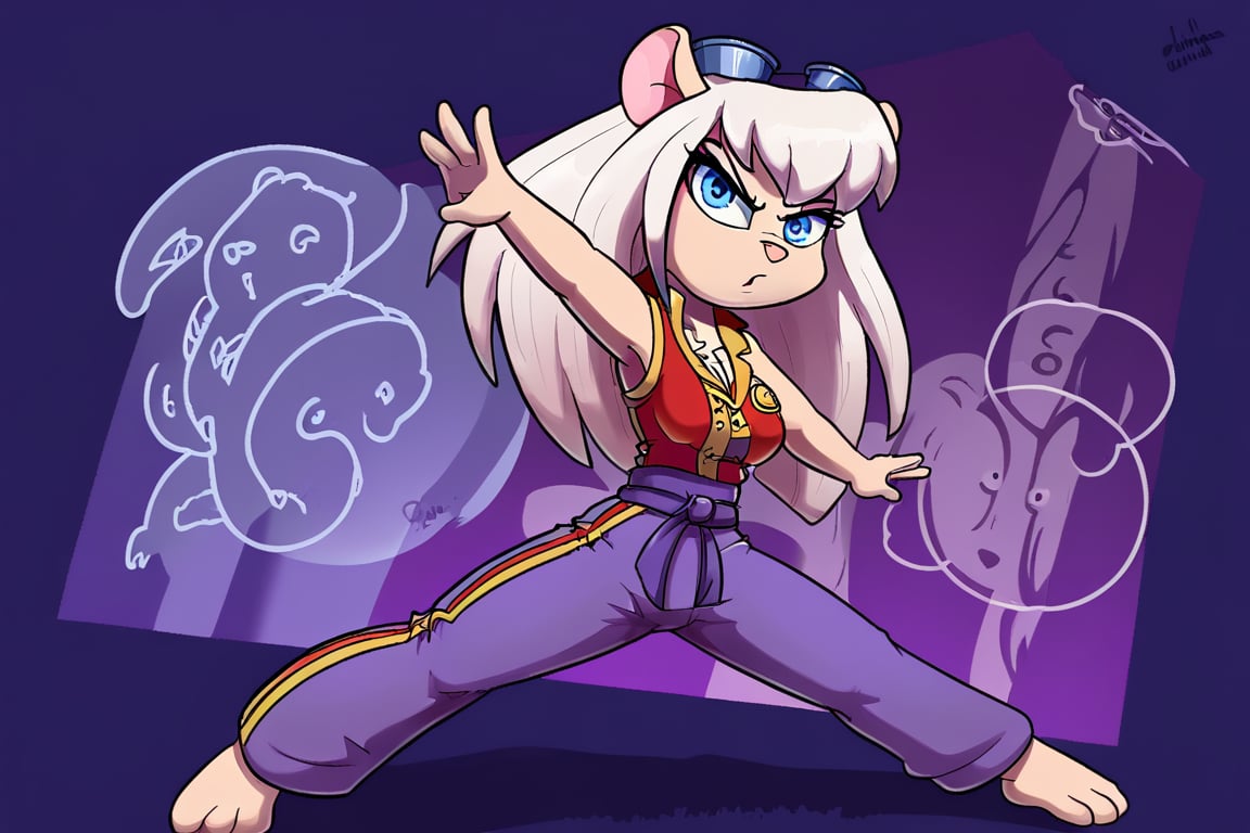 Solo, Furry, girl, mice, Long white hair, blue eyes, fighting pose. wearing a red Sleeveless Martial Arts Kung Fu Taichi Uniform Suit Wushu Nanquan Clothes Outfit, With the words saying EM on her yellow badge on her left chest. Night blue trousers. City street background. Listen to the music of a Nsync.
