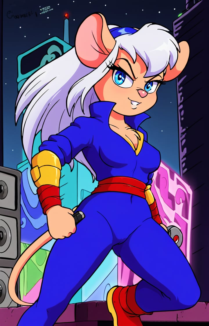 Retro 90's cartoon-inspired scene: Solo, the furry mouse girl with long white hair and piercing blue eyes, strikes a powerful fighting pose amidst a city street backdrop at dusk. Wearing a bold red and blue ninja outfit adorned with a yellow badge featuring the letters 'EM' on her left chest, she stands tall in her night blue trousers. In one hand, she grasps a sleek ninja sword, while the other cradles a boombox blasting Nsync's iconic tunes. The neon-lit cityscape serves as a vibrant canvas for this dynamic heroine.