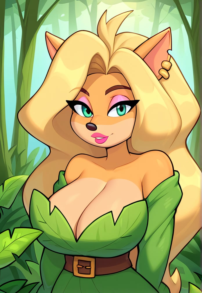 Here is a prompt that incorporates your input:

A solo portrait of Tawna Bandicoot, featuring her prominent assets covered by a delicate fig leaf, as she poses naturally amidst the lush greenery of a serene forest backdrop, subtle lighting accentuating the contours of her skin and the textures of the foliage.