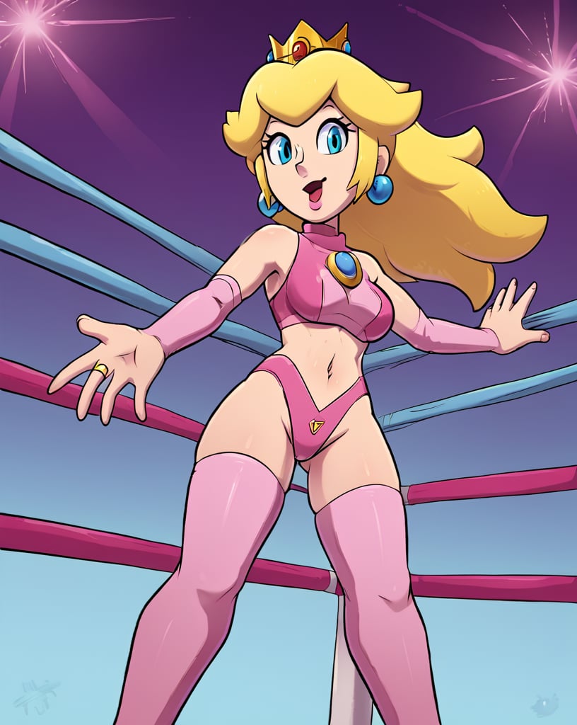 A high-energy shot of Princess Peach strutting into the wrestling ring, her blonde locks flowing like a golden crown. She's dressed in a sizzling pink and purple wrestling getup, complete with sparkly accents that catch the bright arena lights. With a sultry smile, she waves to the roaring crowd, her pose exuding confidence and sass. The camera captures her from a low angle, emphasizing her statuesque figure and making her seem like a true queen of the ring.