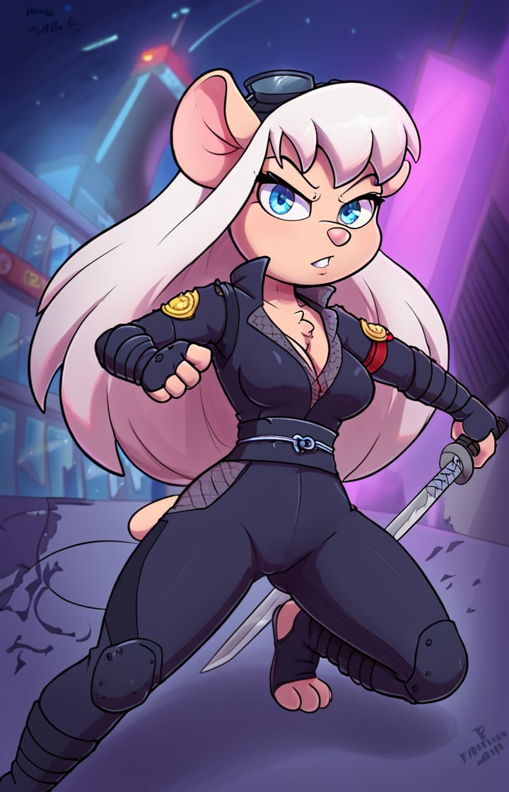 Solo, Furry, girl, mice, Long white hair, blue eyes, fighting pose. wearing a red and black ninja outfit, Outfit, With the words saying EM on her yellow badge on her left chest. Night blue trousers. City street background. She likes Listen to the music of a Nsync, Holding a ninja sword on her right hand.