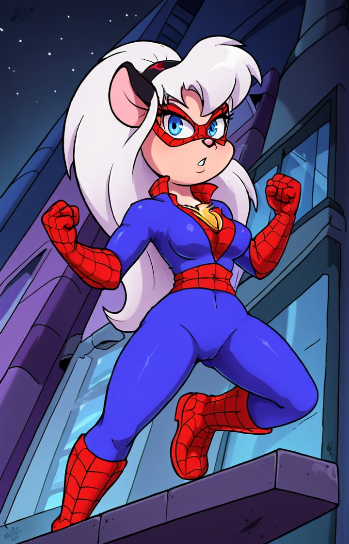 Retro 90's cartoon, Solo, Furry, girl, mice, Long white hair, blue eyes, fighting pose. wearing a red and blue spider man style ninja outfit, Outfit, With the words saying EM on her yellow badge on her left chest. Night blue trousers. City street background. She likes Listen to the music of a Nsync, Holding a ninja sword on her right hand.