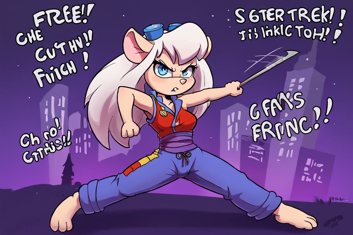 Solo, Furry, girl, mice, Long white hair, blue eyes, fighting pose. wearing a red and black Solo, Furry, girl, mice, Long white hair, blue eyes, fighting pose. wearing a red Sleeveless Martial Arts Kung Fu Taichi Uniform Suit Wushu Nanquan Clothes Outfit, With the words saying EM on her yellow badge on her left chest. Night blue trousers. City street background.
Clothes Outfit, With the words saying EM on her yellow badge on her left chest. Night blue trousers. City street background. She likes Listen to the music of a Nsync.
