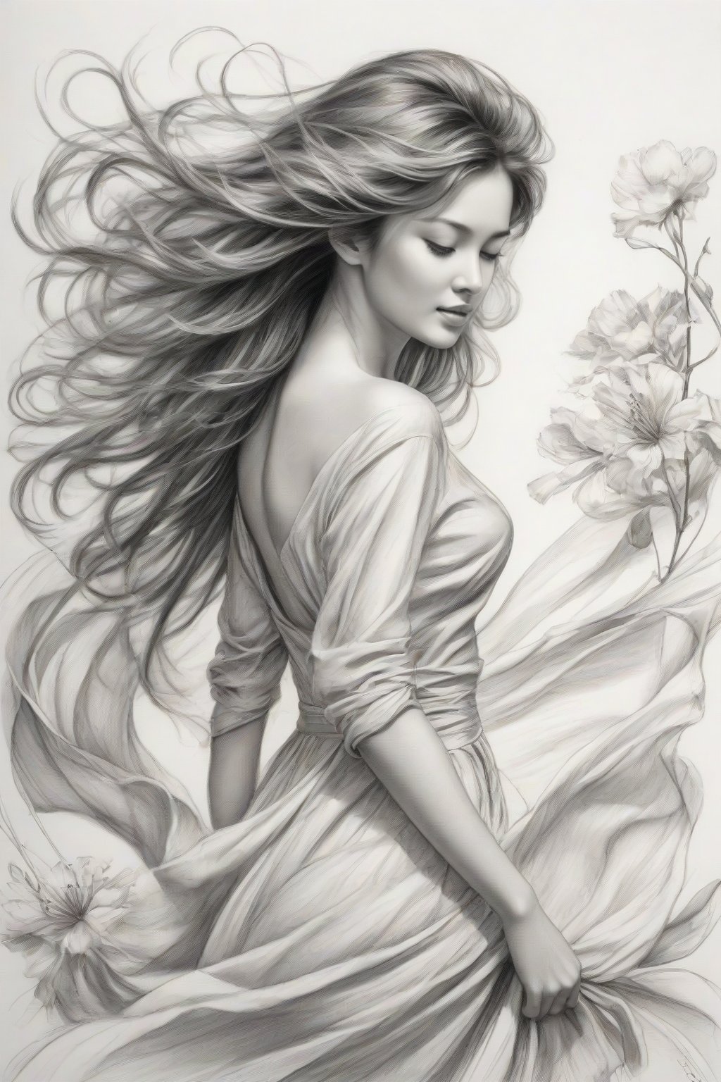 pencil sketch art of excellent fidelity depicting a beautiful
rendering of a lady in bloom, dress sways in the wind,
her hair is wild and messy, but still clean and attractive