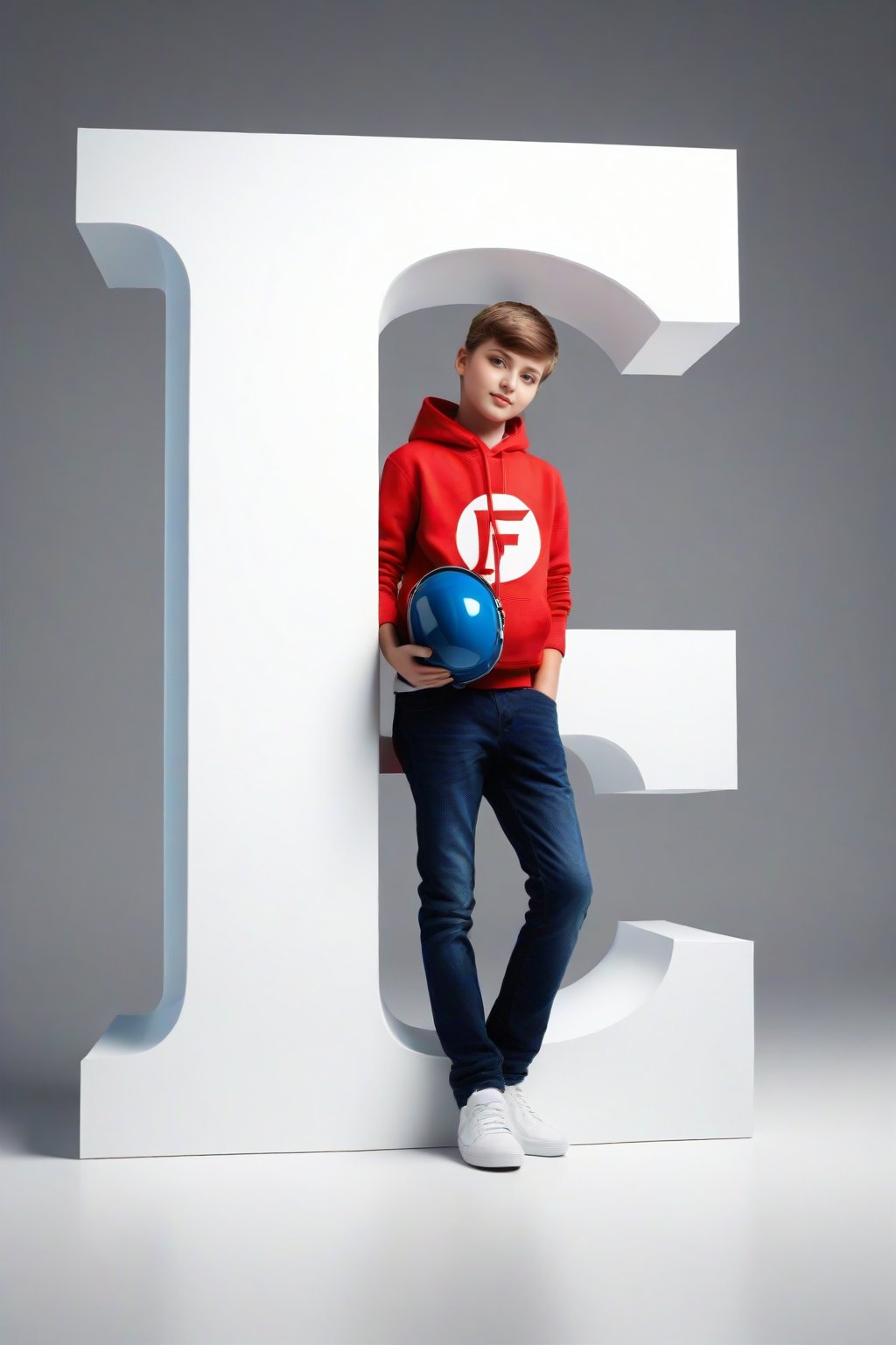 Create an image featuring a large, glossy, “F” 3D letter in the foreground with a boy leaning casually against it. The person should be dressed in stylish, monochromatic clothing and have a confident pose. The background should be a white gradient to keep the focus on the letter and the person. Ensure that the lighting gives a soft glow to the edges of the 3D letter and casts subtle shadows to add depth to the overall composition.