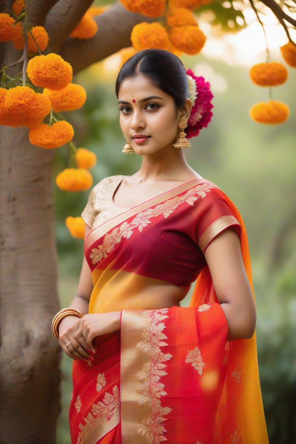 A serene Indian woman poses against a soft-focused backdrop of an ornate tree adorned with vibrant orange and yellow flowers. She wears a stunning red saree with intricate white and pink floral patterns, complemented by a matching gold-embroidered blouse. Her hair is styled in a sleek ponytail, adding a touch of elegance to her traditional attire.