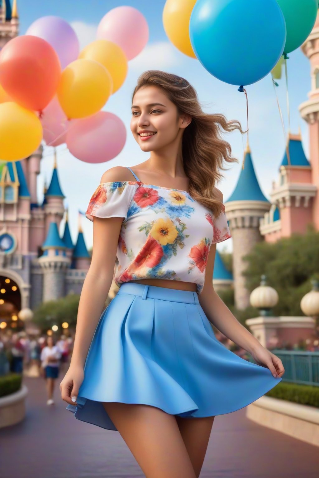 Sweet Disney Adventure: A 20-year-old girl with permed hair tied back by a hairband, wears a colorful floral short top and matching skirt. Her sneakers are a pop of white against the vibrant outfit. Standing in front of Disneyland's iconic attractions, she holds bright balloons, her smile radiating joy. Photorealistic details include finely rendered textures, 32k resolution, and sharp focus on her lovely eyes with defined lashes and teeth. The dynamic composition captures cowboy-inspired shots, showcasing her carefree spirit.