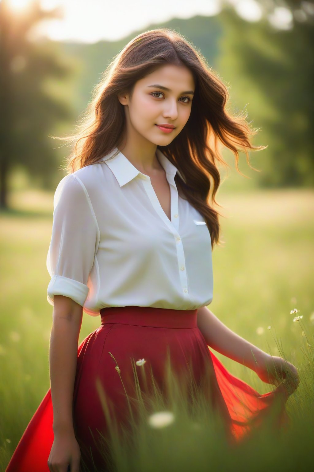 A whimsical scene unfolds: a lone girl with luscious brown locks stands in the midst of a lush green meadow, her bright brown eyes sparkling as she gazes directly at the viewer. A warm smile plays on her lips, illuminated by the soft glow of a sunny day. She wears a crisp white shirt and a vibrant red skirt that rustles in the gentle breeze. In the background, a tree's silhouette blends with the blurred grass, while a single flower adds a pop of color to her attire. The girl's gaze lingers, inviting the viewer to step into her idyllic world.