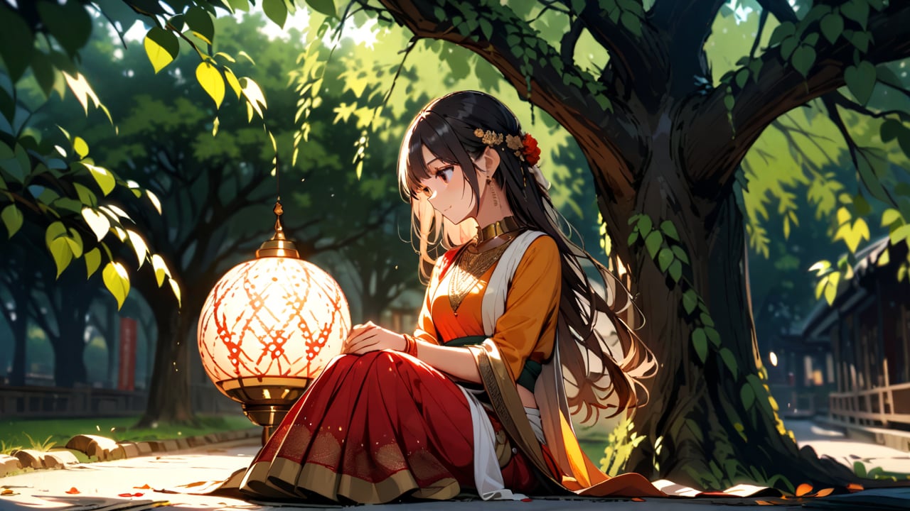 A girl wearing traditional indian attire, sitting with an elegant posture under a tree, with sunlight filtering through the leaves, casting a warm glow on the fabric's intricate patterns.