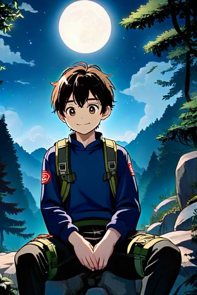 A stunning anime-inspired scene unfolds: a solo boy with hime haircut and short brown hair sits on a rocky outcropping in a moonlit forest. His expressive eyes shine bright, clear, and perfect. A negative hand grasps a camera, while the other hand remains relaxed. He wears a blue zip-up long sleeve shirt and cargo pants, blending into the night's darkness. The milky way twinkles above, as he smiles softly with closed mouth, his cheeks flushed with a subtle blush.