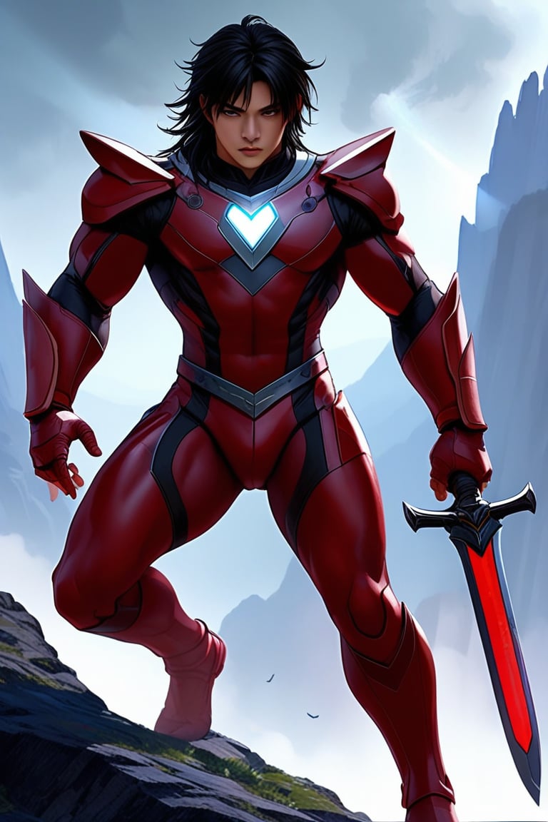 ek_ge1frt,ek_ges1ba,ek_game_3ffect, solo man, black hair, brown eyes, hair between eyes, lean bulk, bodysuits, red armor bodysuits, dark land, holding sword