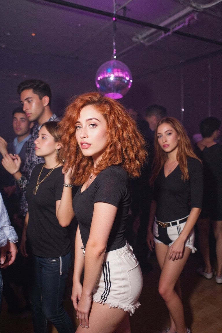 Boring Instagram  photo of a 22 yrs atractive  GIRL  inside a Disco , Luxury party. French and latina ethnicity , curly redhead. The photo was shot with phone and posted in 2022 on Instagram. Wearing  a tigth  sport shorts  and t-shirt. triangle body, toned , busty, happy. Sensual escene,cinematic quality, hyperrealism, flash photo