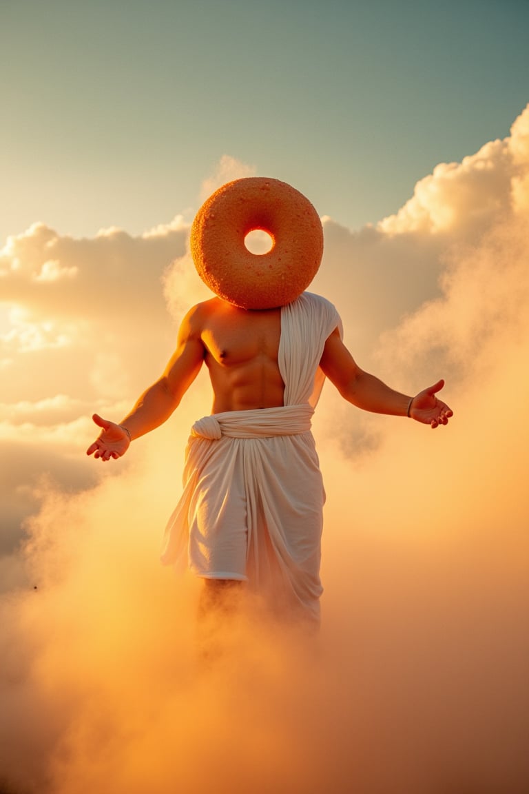 Pro photography of a Donut GOD , too muscular body,  Orange glow skin,Alt style. Power escene flying. Strong and Epic style attitude.
The god are fly in the sunrise sky , Big clouds around. Anthropomorfhic donut with male body. Giant creature, Magic skin texture. Outdoors, high shot, Mytical photography, profesional ilumination. 1990s film polaroid stock and grain. Sugar Donut Head. Him are  wearing a white greek clothes, on white electric fire in all body. Actual 2023 film print photography, fantasy escene, celestial,Fantasy detailers 