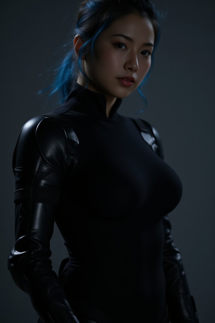 nude woman, In a dystopian, high-tech future, an alluring augmented reality scene presents a striking young female enhanced mercenary with an electric blue hair streak. Shot from a low angle, backlighting highlights their sharp jawline, intense gaze, and confident expression. Clad in a sleek, high-collared, all-black nano-weave utility jumpsuit that showcases their toned physique, utility straps on the suit's sleeves hint at hidden gear and tools. Their lean figure is accented one mechanical arm, and a left mechanical stands out in the dim light. Inspired by the visionary works of Chris Cold, H.R. Giger, and Guweiz, this haunting digital render embodies a deadly mercenary with a penchant for stealth and precision.