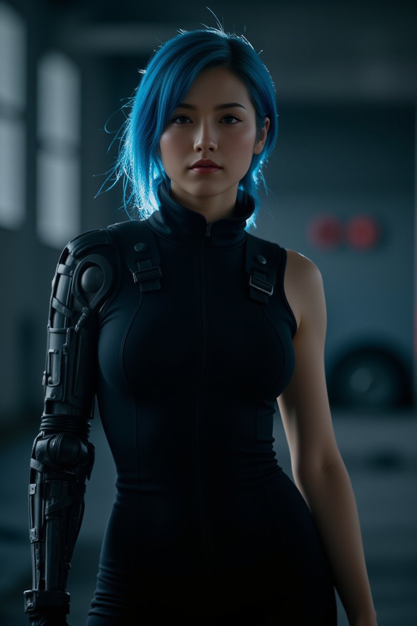 In a dystopian, high-tech future, an alluring augmented reality scene presents a striking young female enhanced mercenary with an electric blue hair streak. Shot from a low angle, backlighting highlights their sharp jawline, intense gaze, and confident expression. Clad in a sleek, high-collared, all-black nano-weave utility jumpsuit that showcases their toned physique, utility straps on the suit's sleeves hint at hidden gear and tools. Their lean figure is accented one mechanical arm, and a left mechanical stands out in the dim light. Inspired by the visionary works of Chris Cold, H.R. Giger, and Guweiz, this haunting digital render embodies a deadly mercenary with a penchant for stealth and precision.