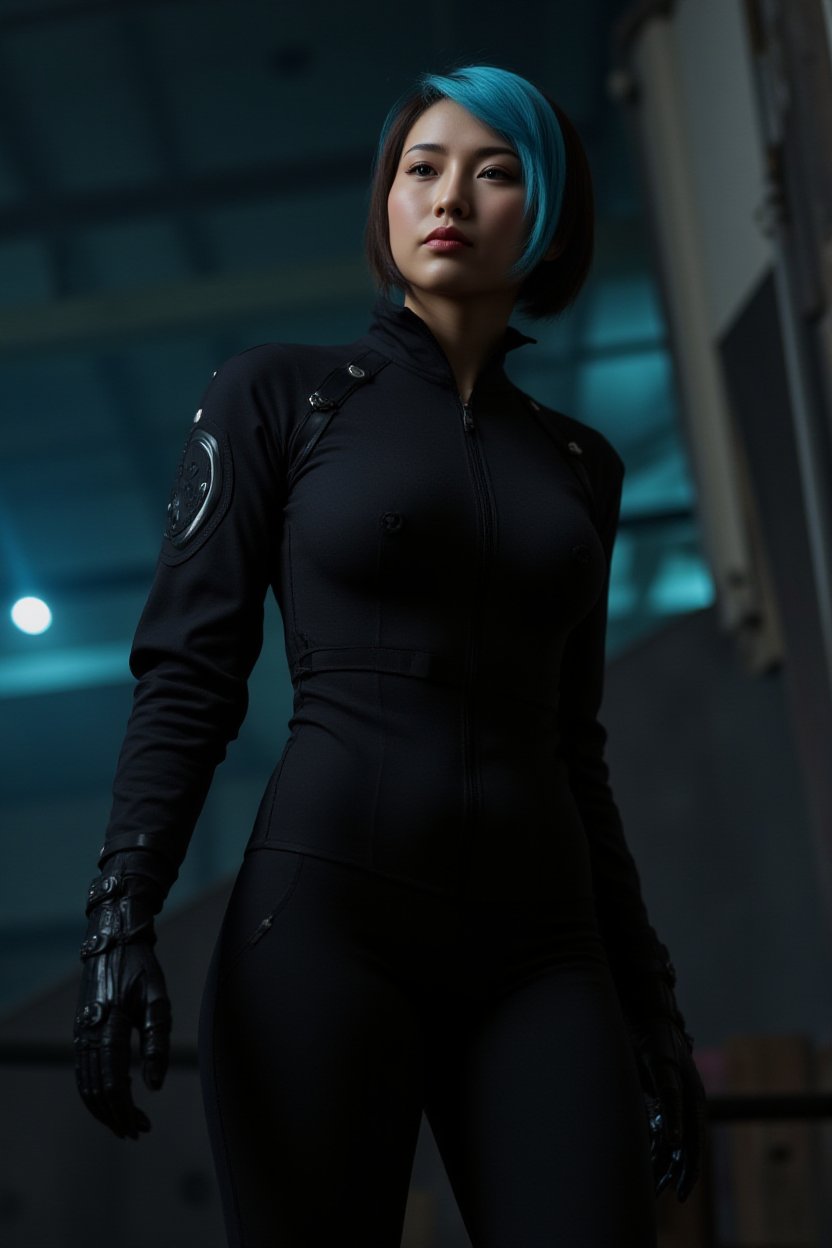 nude woman, In a dystopian, high-tech future, an alluring augmented reality scene presents a striking young female enhanced mercenary with an electric blue hair streak. Shot from a low angle, backlighting highlights their sharp jawline, intense gaze, and confident expression. Clad in a sleek, high-collared, all-black nano-weave utility jumpsuit that showcases their toned physique, utility straps on the suit's sleeves hint at hidden gear and tools. Their lean figure is accented one mechanical arm, and a left mechanical stands out in the dim light. Inspired by the visionary works of Chris Cold, H.R. Giger, and Guweiz, this haunting digital render embodies a deadly mercenary with a penchant for stealth and precision.