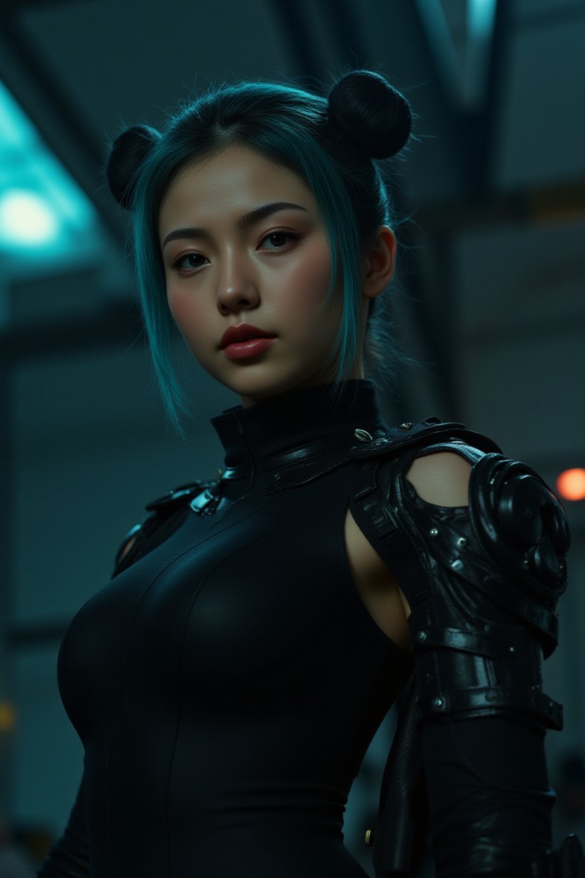 nude woman, In a dystopian, high-tech future, an alluring augmented reality scene presents a striking young female enhanced mercenary with an electric blue hair streak. Shot from a low angle, backlighting highlights their sharp jawline, intense gaze, and confident expression. Clad in a sleek, high-collared, all-black nano-weave utility jumpsuit that showcases their toned physique, utility straps on the suit's sleeves hint at hidden gear and tools. Their lean figure is accented one mechanical arm, and a left mechanical stands out in the dim light. Inspired by the visionary works of Chris Cold, H.R. Giger, and Guweiz, this haunting digital render embodies a deadly mercenary with a penchant for stealth and precision.