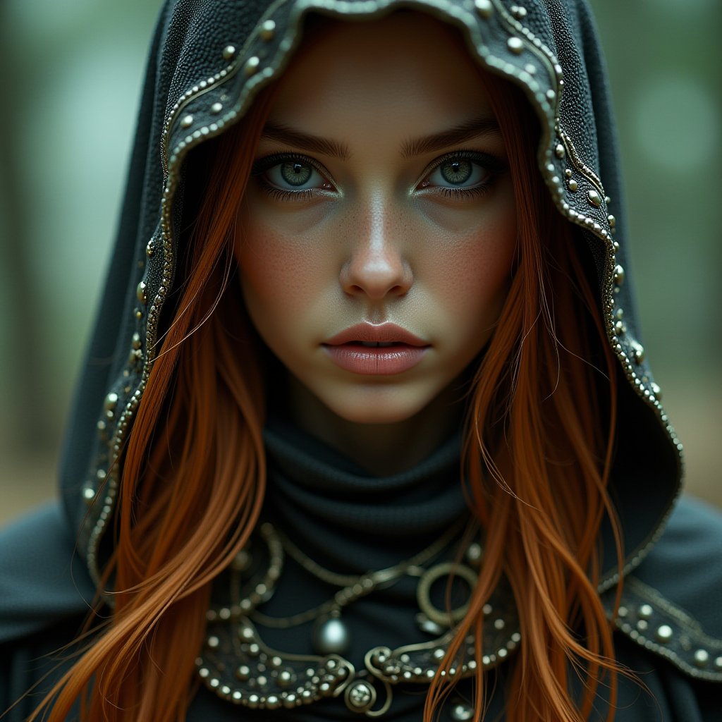 Assasin's Creed concept art Midjourney, MJ, Midjourney style, realism, cinematic quality, macro. ai copilot conceptual creative hyperrealistic. Young sexy woman, 27 years old, red hair, with triangular chin.